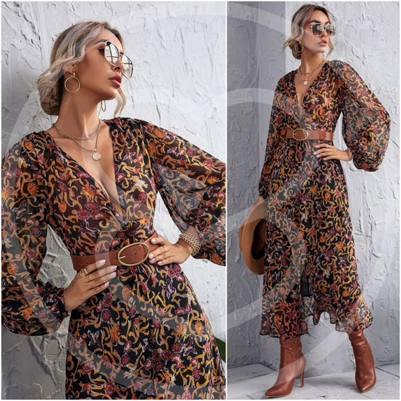 boho floral print long sleeve v neck maxi dress - Picture 4 of 4